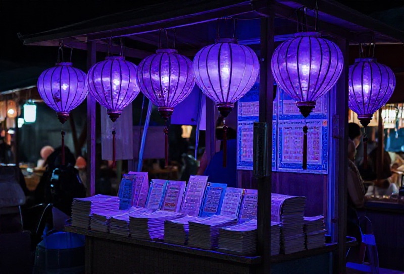 แผงขายสลากในตลาดกลางคืนของไทยที่มีโคมไฟม่วงส่องสว่างกับมีคนเดินเลือกซื้อเลขกันคึกคัก