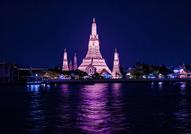 ทิวทัศน์กรุงเทพยามค่ำคืนริมฝั่งน้ำและแสงไฟสะท้อนผืนน้ำโทนม่วง