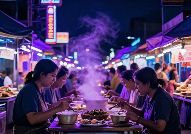 บรรยากาศตลาดกลางคืนของไทยที่ป้ายไฟนีออนสว่างและกลุ่มคนกำลังจ้องจอมือถือดูรอบไก่ชน